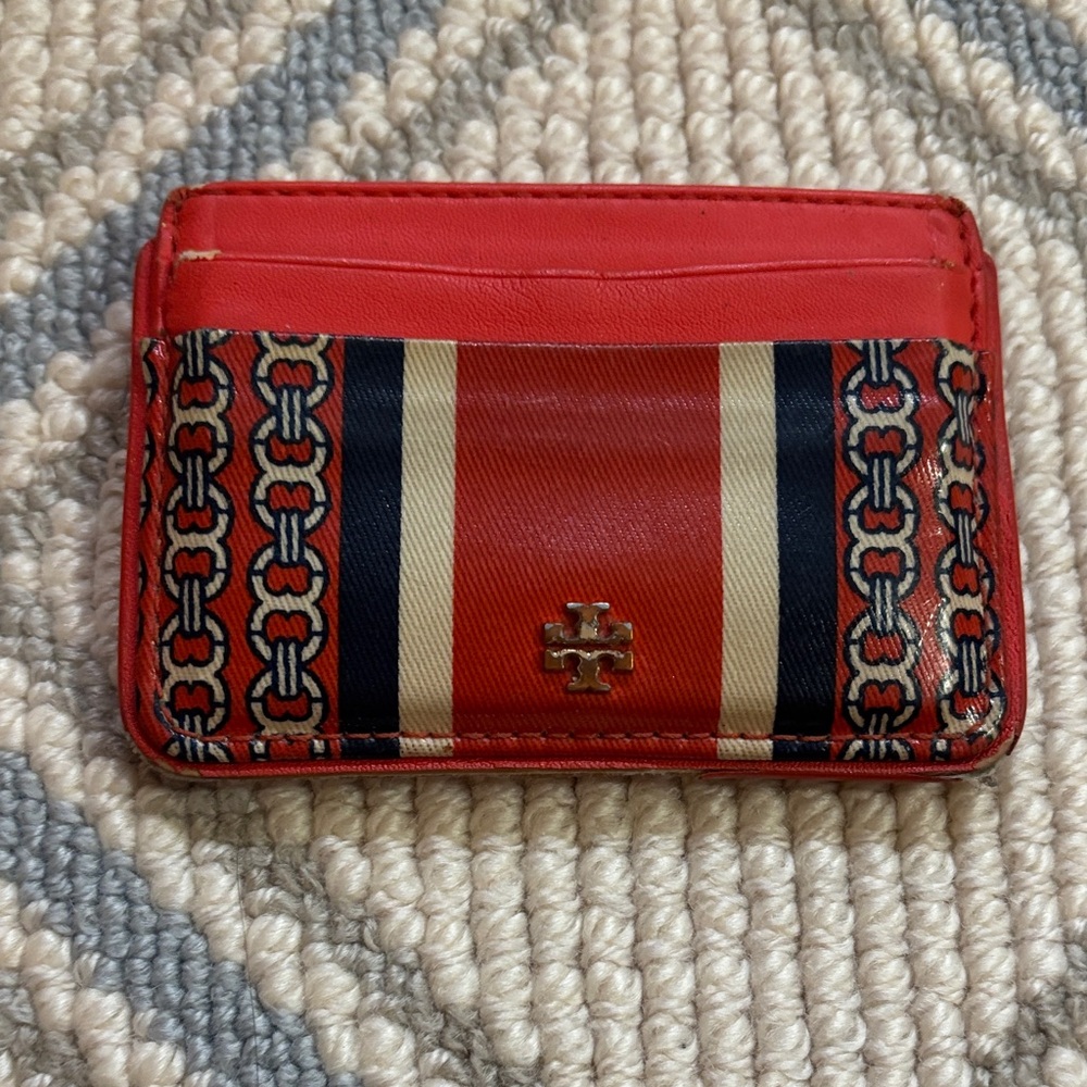 Tory Burch Red/Orange and Navy Striped Card Holder